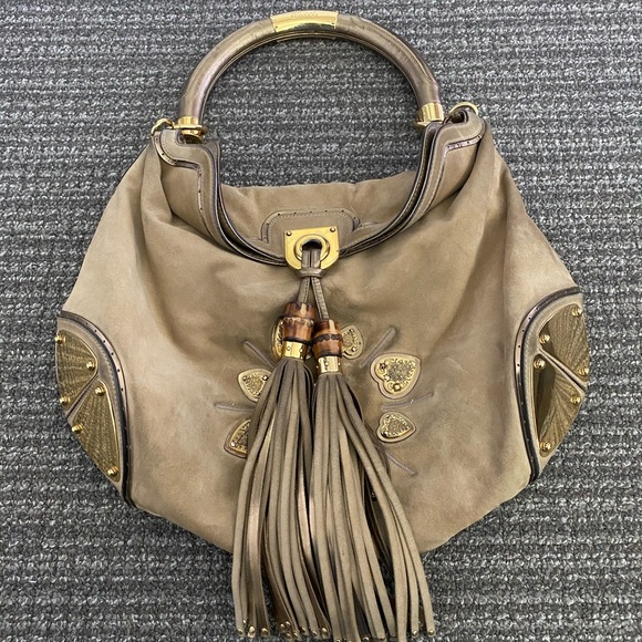 Suede and Leather Gucci Bag w/Metal Handle - Picture 2 of 8